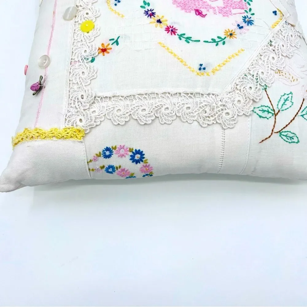 Pillow Cushion Handmade Embroidery Craft Floral Lace Crochet Multicolor Boho